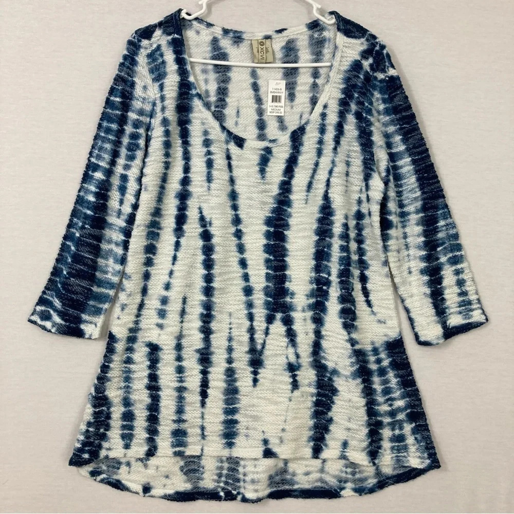 New XCVI Blue White Tie Dye Round Neck Stretch Top‎ size Medium